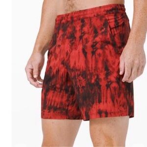 lululemon athletica Pace Breaker linerless Shorts XL Red & Black Tie-Dye